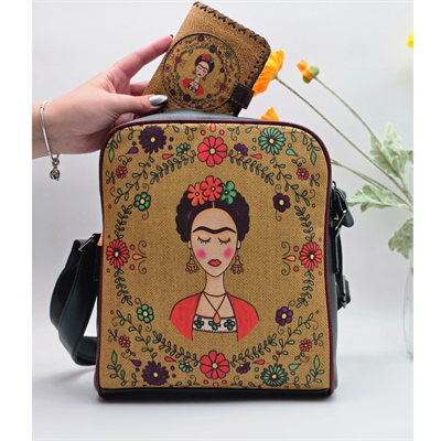 Frida Figürlü Büyük Postacı Kol Çantası Etnik Bohem Style Çanta Yesil Cüzdan Hardal Kombin