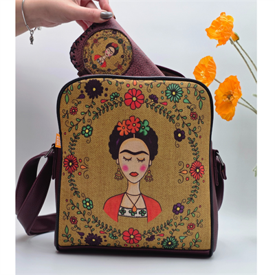 Frida Figürlü Büyük Postacı Kol Çantası Etnik Bohem Style Çanta Bordo Cüzdan Bordo Kombin