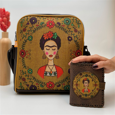 Frida Figürlü Büyük Postacı Kol Çantası Etnik Bohem Style Çanta Kahverengi Cüzdan Kahverengi Kombin
