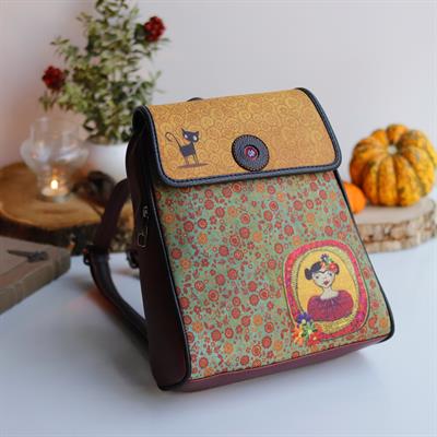 Frida Figürlü Kapaklı Sırt Çantası Bordo, Cüzdan Hardal Etnik Bohem Style Kombin