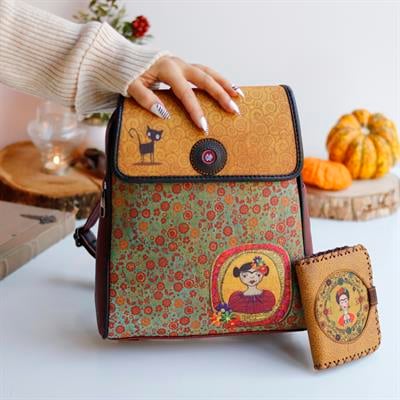 Frida Figürlü Kapaklı Sırt Çantası Bordo, Cüzdan Hardal Etnik Bohem Style Kombin