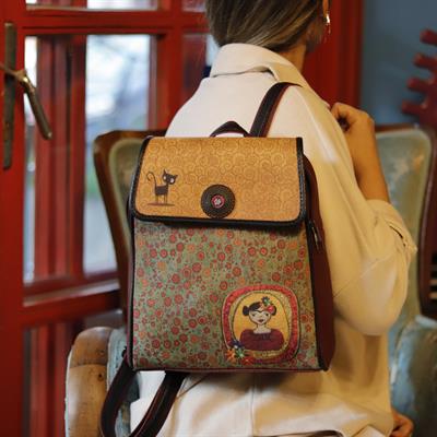 Frida Figürlü Kapaklı Sırt Çantası Bordo, Cüzdan Hardal Etnik Bohem Style Kombin
