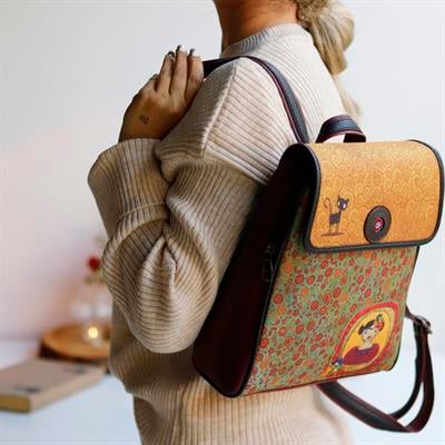 Frida Figürlü Kapaklı Sırt Çantası Bordo, Cüzdan Hardal Etnik Bohem Style Kombin