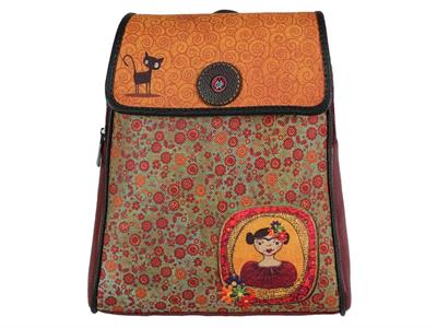 Frida Figürlü Kapaklı Sırt Çantası Etnik Bohem Style - BORDO
