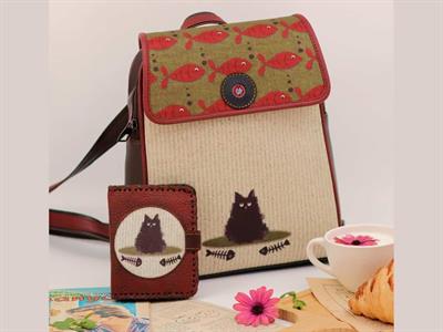 Karamık Figürlü Kapaklı Sırt Çantası Siyah, Cüzdan Bordo Etnik Bohem Style KOMBİN