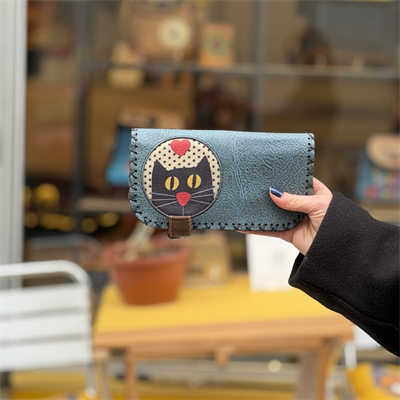 Kedi Aşkı Figürlü Büyük Cüzdan Etnik Bohem Retro Vintage Style - PETROL