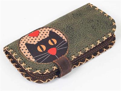 Kedi Aşkı Figürlü Büyük Cüzdan Etnik Bohem Retro Vintage Style - YESİL