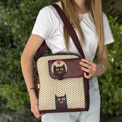 Kedi Aşkı Figürlü Büyük Postacı Kol Çantası Bordo- Etnik Bohem Style  Cüzdan Bordo Kombin