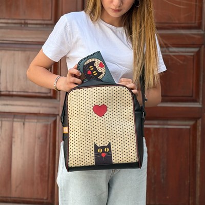 Kedi Aşkı Figürlü Büyük Postacı Kol Çantası Siyah- Etnik Bohem Style  Cüzdan Petrol Kombin