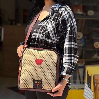 Kedi Aşkı Figürlü Büyük Postacı Kol Çantası Etnik Bohem Style -Bordo