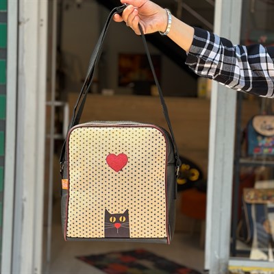 Kedi Aşkı Figürlü Büyük Postacı Kol Çantası Etnik Bohem Style -Siyah