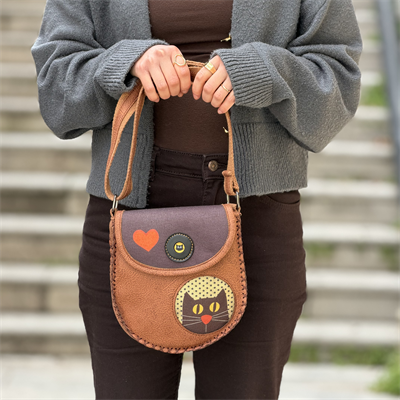 Kedi Aşkı Figürlü Çapraz Örgülü Kol Çantası Etnik Bohem Style - Taba
