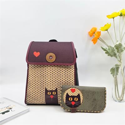 Kedi Aşkı Figürlü Kapaklı Sırt Çantası Siyah, Büyük Cüzdan Yeşil Etnik Bohem Style Kombin