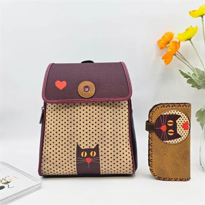 Kedi Aşkı Figürlü Kapaklı Sırt Çantası Siyah, Büyük Cüzdan Hardal Etnik Bohem Style Kombin