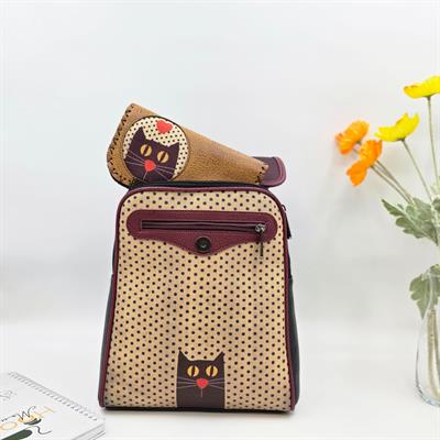 Kedi Aşkı Figürlü Kapaklı Sırt Çantası Siyah, Büyük Cüzdan Hardal Etnik Bohem Style Kombin