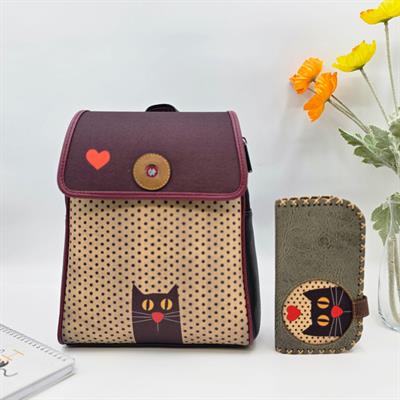 Kedi Aşkı Figürlü Kapaklı Sırt Çantası Siyah, Büyük Cüzdan Yeşil Etnik Bohem Style Kombin