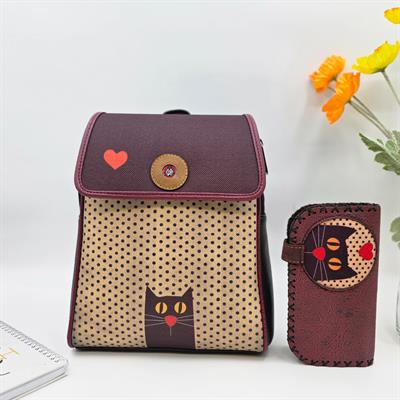 Kedi Aşkı Figürlü Kapaklı Sırt Çantası Siyah, Büyük Cüzdan Bordo Etnik Bohem Style Kombin