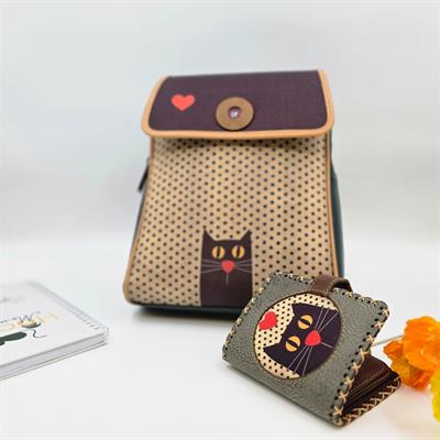 Kedi Aşkı Figürlü Kapaklı Sırt Çantası Yeşil, Küçük Cüzdan Yeşil Etnik Bohem Style Kombin