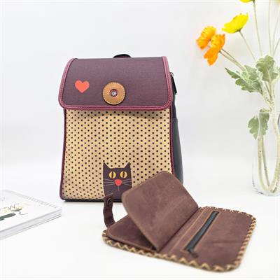 Kedi Aşkı Figürlü Kapaklı Sırt Çantası Siyah, Büyük Cüzdan Yeşil Etnik Bohem Style Kombin