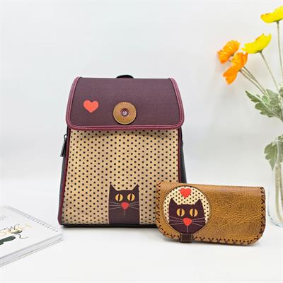 Kedi Aşkı Figürlü Kapaklı Sırt Çantası Siyah, Büyük Cüzdan Hardal Etnik Bohem Style Kombin