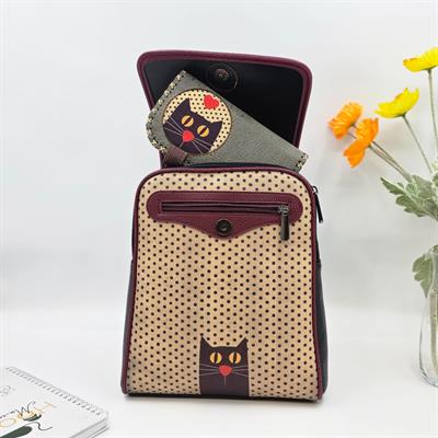 Kedi Aşkı Figürlü Kapaklı Sırt Çantası Siyah, Büyük Cüzdan Yeşil Etnik Bohem Style Kombin