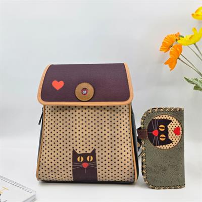 Kedi Aşkı Figürlü Kapaklı Sırt Çantası Yeşil, Büyük Cüzdan Yeşil Etnik Bohem Style Kombin