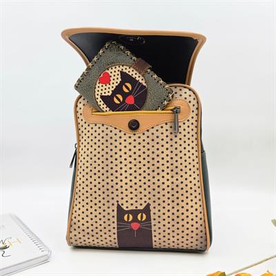 Kedi Aşkı Figürlü Kapaklı Sırt Çantası Yeşil, Küçük Cüzdan Yeşil Etnik Bohem Style Kombin