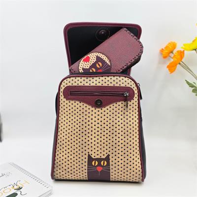 Kedi Aşkı Figürlü Kapaklı Sırt Çantası Siyah, Büyük Cüzdan Bordo Etnik Bohem Style Kombin