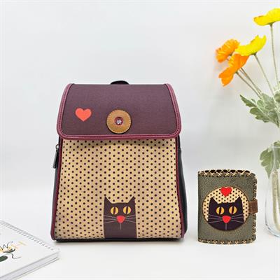 Kedi Aşkı Figürlü Kapaklı Sırt Çantası Siyah, Küçük Cüzdan Yeşil Etnik Bohem Style Kombin