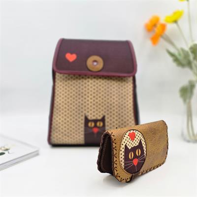 Kedi Aşkı Figürlü Kapaklı Sırt Çantası Siyah, Büyük Cüzdan Hardal Etnik Bohem Style Kombin