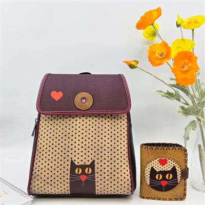 Kedi Aşkı Figürlü Kapaklı Sırt Çantası Siyah, Küçük Cüzdan Hardal Etnik Bohem Style Kombin