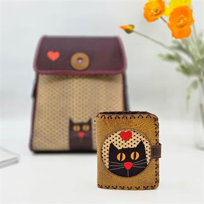 Kedi Aşkı Figürlü Kapaklı Sırt Çantası Siyah, Küçük Cüzdan Hardal Etnik Bohem Style Kombin