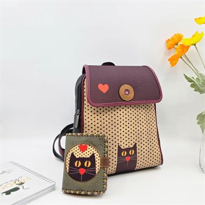 Kedi Aşkı Figürlü Kapaklı Sırt Çantası Siyah, Küçük Cüzdan Yeşil Etnik Bohem Style Kombin