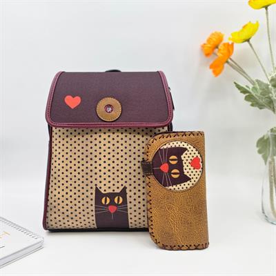 Kedi Aşkı Figürlü Kapaklı Sırt Çantası Siyah, Büyük Cüzdan Hardal Etnik Bohem Style Kombin