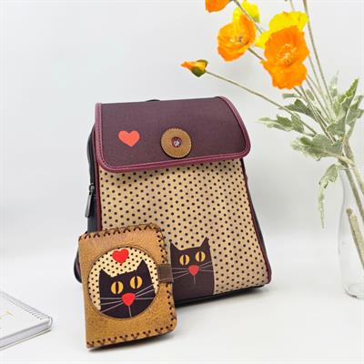 Kedi Aşkı Figürlü Kapaklı Sırt Çantası Siyah, Küçük Cüzdan Hardal Etnik Bohem Style Kombin