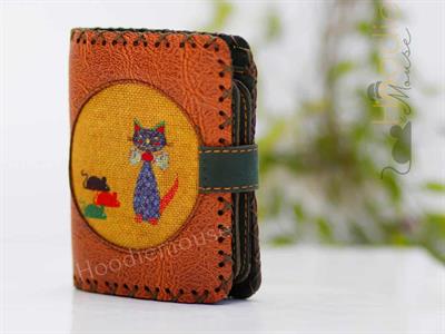 Kedi Fare Figürlü Küçük Cüzdan Etnik Bohem Retro Style -Taba