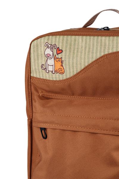 🐾 Patili Dostlar – Kahverengi Kedi & Köpek Figürlü Çok Amaçlı Kadın Sırt Çantası