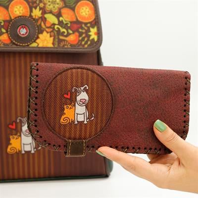 Kedi ve Köpek Figürlü Büyük Cüzdan Etnik Bohem Retro Vintage Style  - BORDO