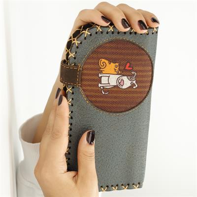 Kedi ve Köpek Figürlü Büyük Cüzdan Etnik Bohem Retro Vintage Style  - PETROL