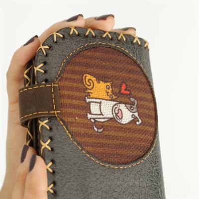 Kedi ve Köpek Figürlü Büyük Cüzdan Etnik Bohem Retro Vintage Style  - ANTRASİT