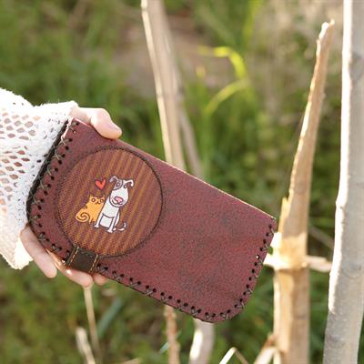 Kedi ve Köpek Figürlü Büyük Cüzdan Etnik Bohem Retro Vintage Style  - BORDO