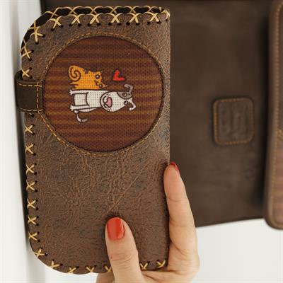 Kedi ve Köpek Figürlü Büyük Cüzdan Etnik Bohem Retro Vintage Style  - KAHVERENGİ