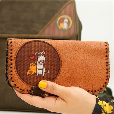 Kedi ve Köpek Figürlü Büyük Cüzdan Etnik Bohem Retro Vintage Style  - TABA