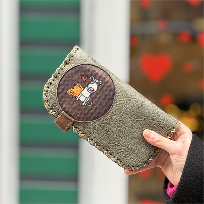 Kedi ve Köpek Figürlü Büyük Cüzdan Etnik Bohem Retro Vintage Style  - YEŞİL