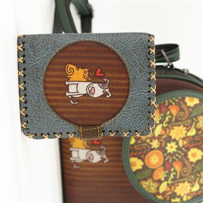 Kedi ve Köpek Figürlü Küçük Cüzdan Etnik Bohem Retro Style -Petrol