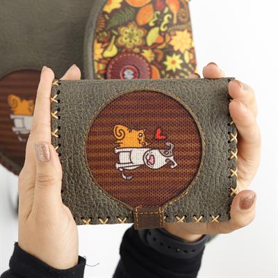 Kedi ve Köpek Figürlü Küçük Cüzdan Etnik Bohem Retro Style -Yesil