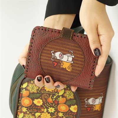 Kedi ve Köpek Figürlü Küçük Cüzdan Etnik Bohem Retro Style -Bordo