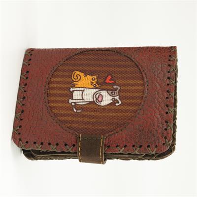 Kedi ve Köpek Figürlü Küçük Cüzdan Etnik Bohem Retro Style -Bordo