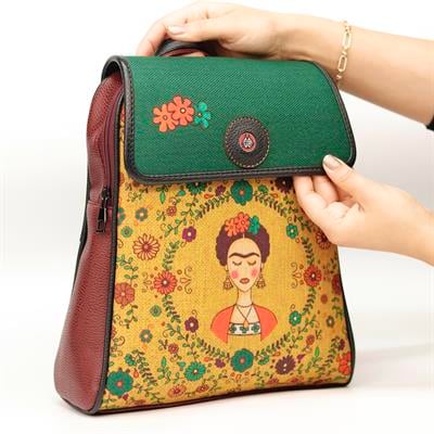 Klasik Frida Figürlü Kapaklı Sırt Çantası Etnik Bohem Style - BORDO