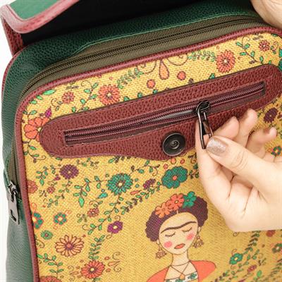 Klasik Frida Figürlü Kapaklı Sırt Çantası Etnik Bohem Style - YESİL